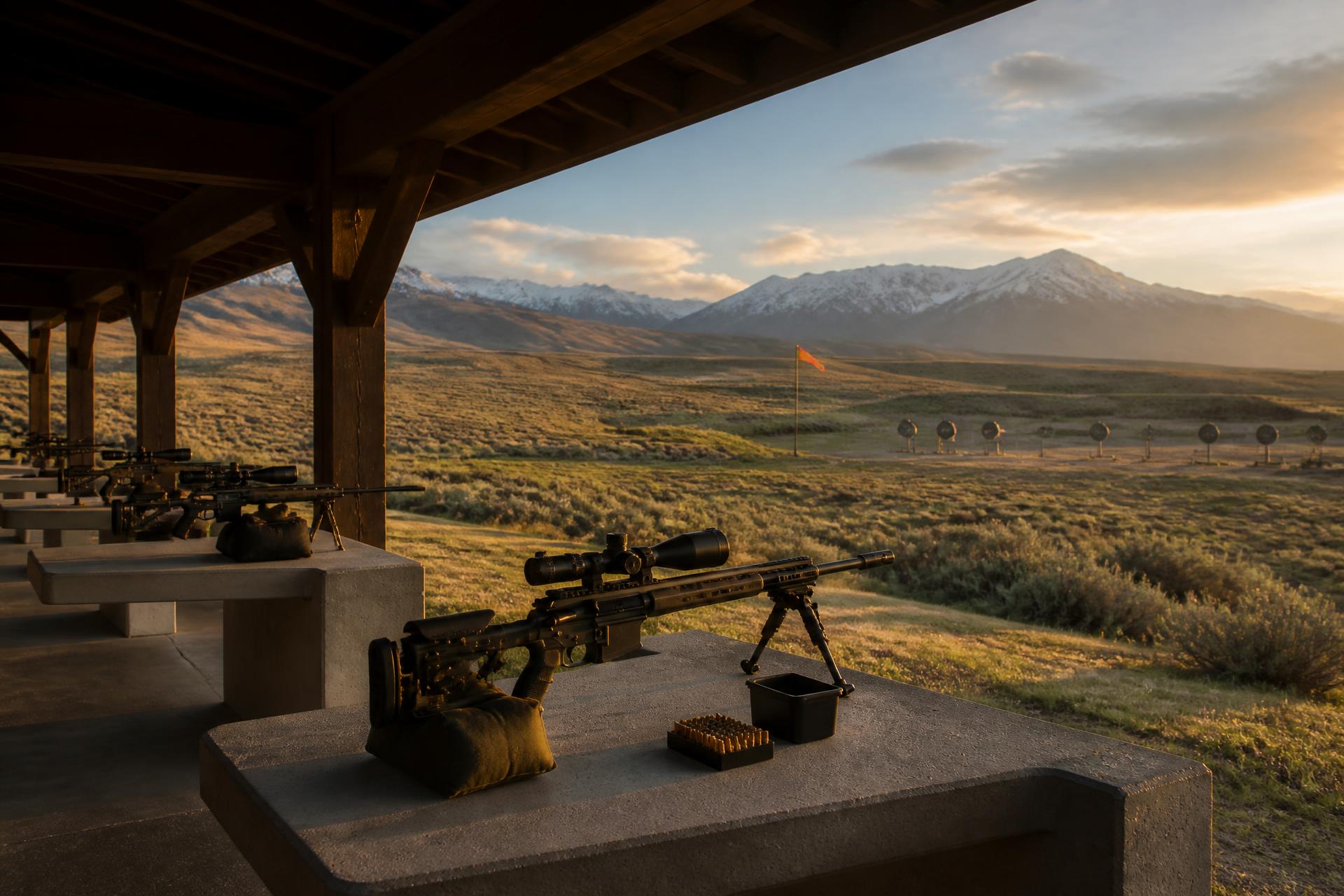 A precision rifle on a tripod above the Utah valley at first light