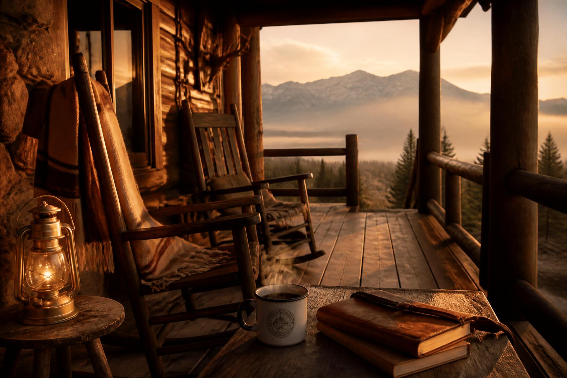 An enamel coffee mug on a ranch lodge porch railing at first light with Utah mountains and a wool blanket